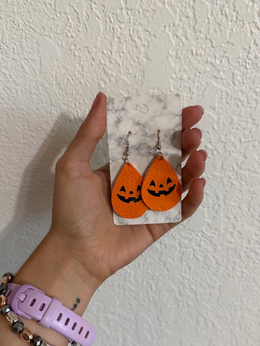 Halloween pumpkin face faux leather earrings teardrop